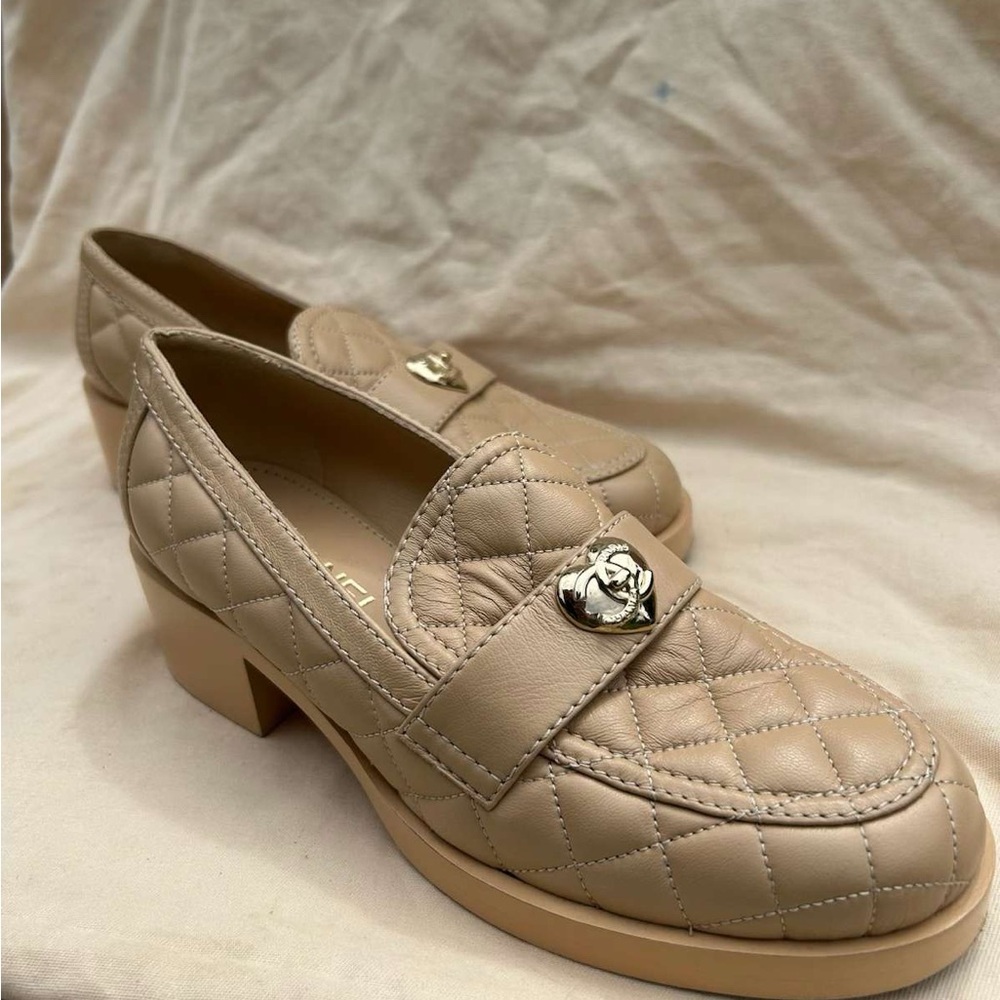 CHANEL Tan Quilted lamb skin loafers Flats with Silver Embellishment